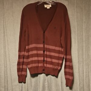 Vintage Original Penguin Men's Striped V-Neck Cardigan in Burgandy/ Pink Large